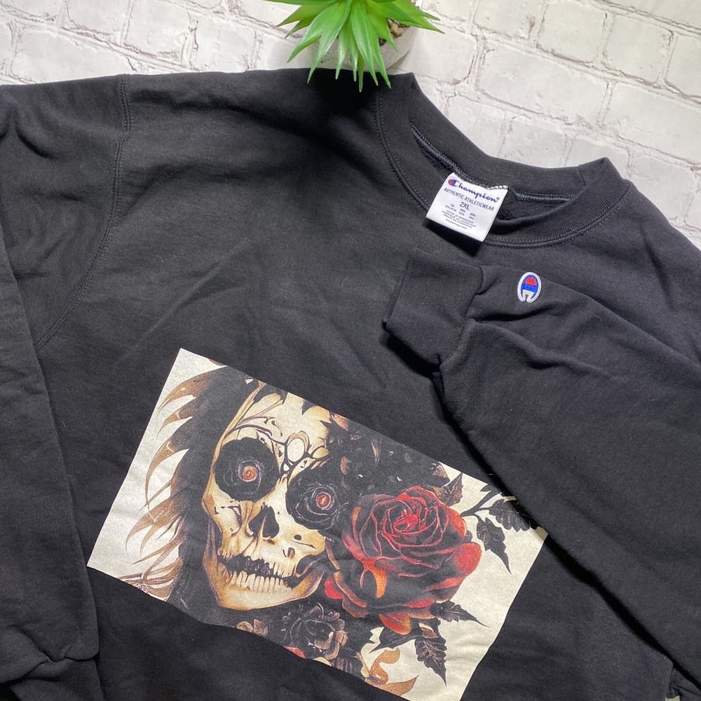 Champion Crewneck Sweatshirt Mens 2XL Black Gothic Grunge Day Of Dead Skull Rose